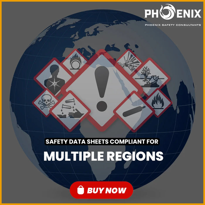 Promotional graphic for Phoenix Safety Consultants with safety symbols and a globe in the background.